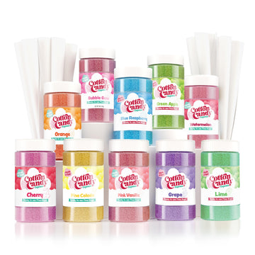 Cotton Candy Express Floss Sugar and Cones Variety Pack with 10 - 11oz Plastic Jars of Assorted Flossing Sugars, Plus 100 Paper Cones. Use With Cotton Candy Express Countertop Machine