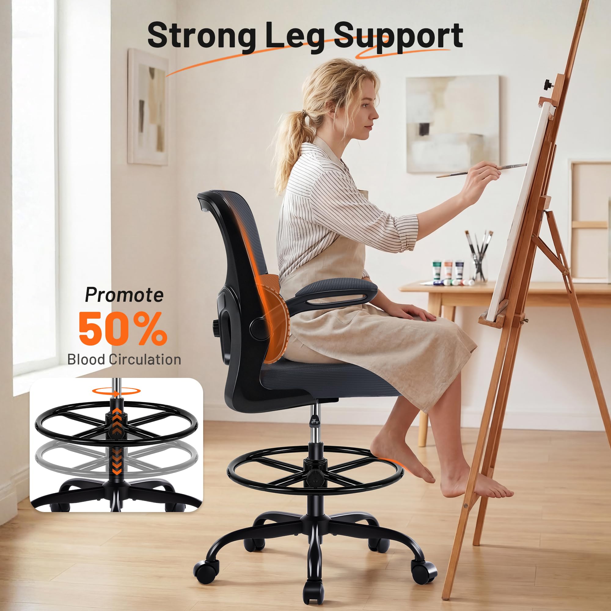 Areshark Drafting Chair - Ergonomic Tall Office Chair with Lumbar Support and Filp-up Armrests - High Standing Desk Chair Breathable Mesh with