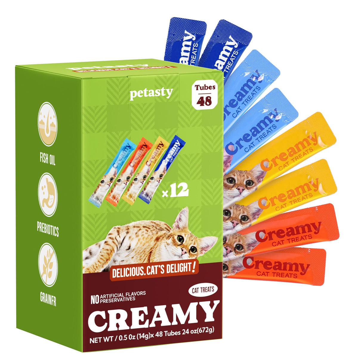 Lickable Cat Treats, High Moisture Hydrating Creamy Puree Squeeze Tubes, Variety Pack, 48 Tubes 0.5oz, Grain-Free, Omega Oils & Vitamin E, Skin & Coat Health, Digestive and Immune Support