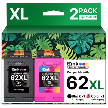 62XL Ink Cartridge High-Yield Remanufactured for HP Ink 62 XL 62XL Ink Cartridge Combo Pack to Use with Envy 5540 5640 5660 7644 OfficeJet 5740 5741 8040 200 250 Series Printer (1 Tri-Color, 1 Black)