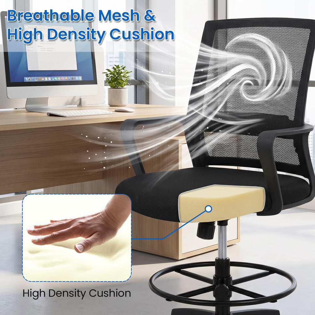 Bestoffice Drafting Chair Tall Office Chair Adjustable Swivel Rolling Mesh Height with Lumbar Support Arms Footrest Mid Back for Adults