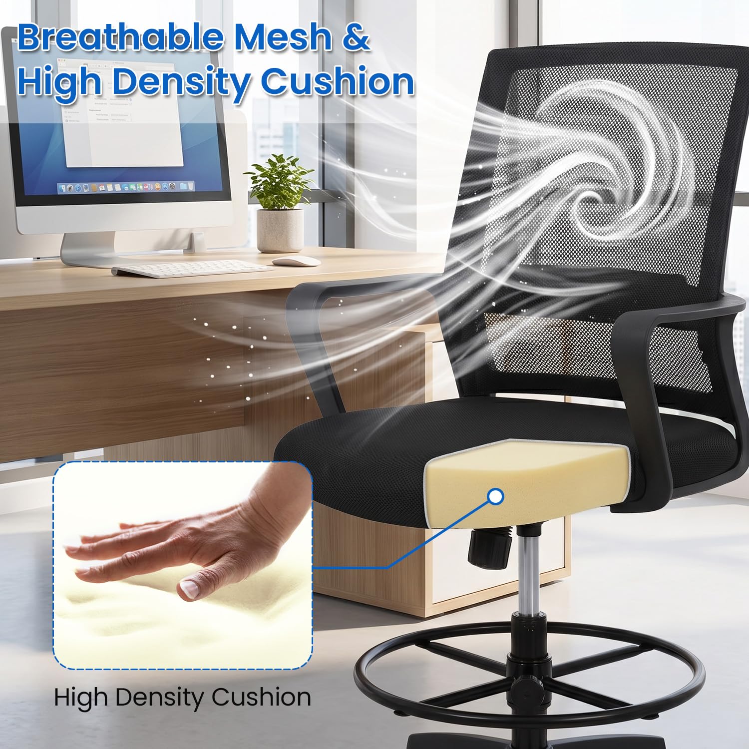Bestoffice Drafting Chair Tall Office Chair Adjustable Swivel Rolling Mesh Height with Lumbar Support Arms Footrest Mid Back for Adults