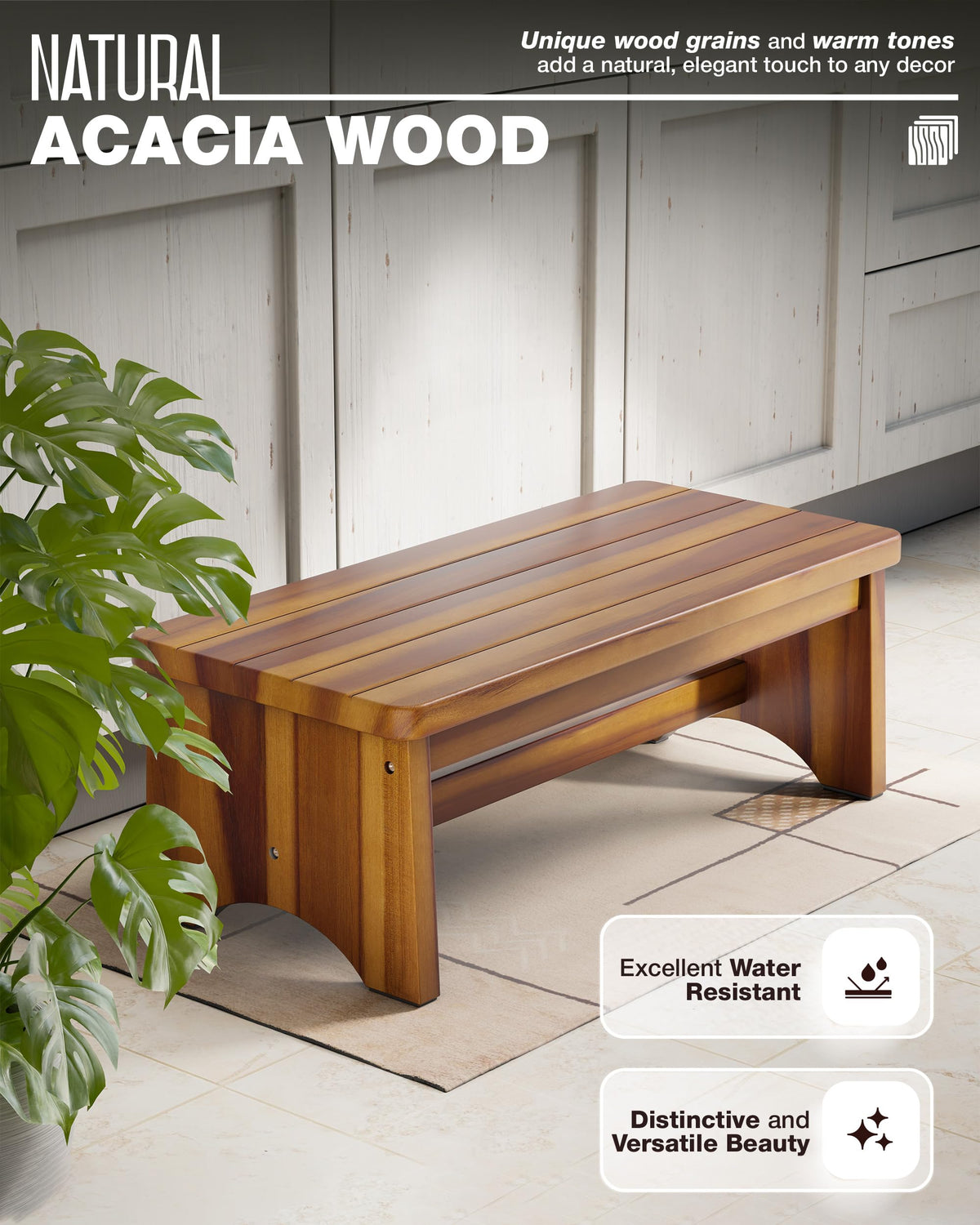 Fanatu Extra Wide 26in Wooden Step Stool, Heavy Duty, Holds Up to 550 Lbs, 11.8''D x 26''W x 9''H, Warm Acacia