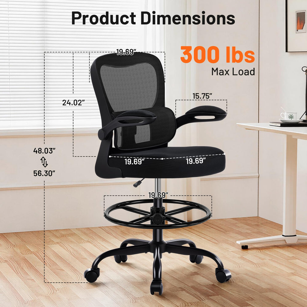 Areshark Drafting Chair - Ergonomic Tall Office Chair with Lumbar Support and Flip-up Armrests - High Standing Desk Chair Breathable Mesh with