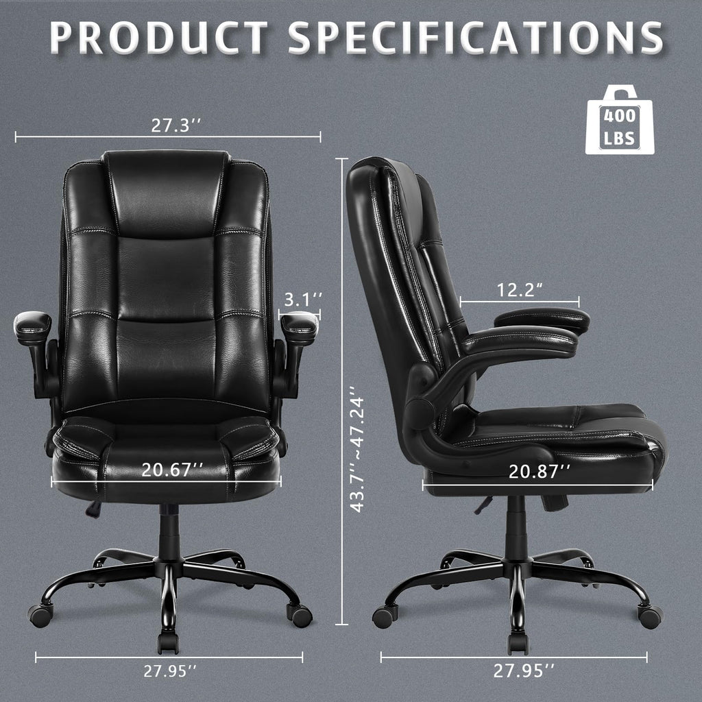 Lemberi Flip-up Arms Office Desk Chair Big and Tall Managerial Executive Chair, High Back Computer Chair Ergonomic Adjustable Height Pu Leather