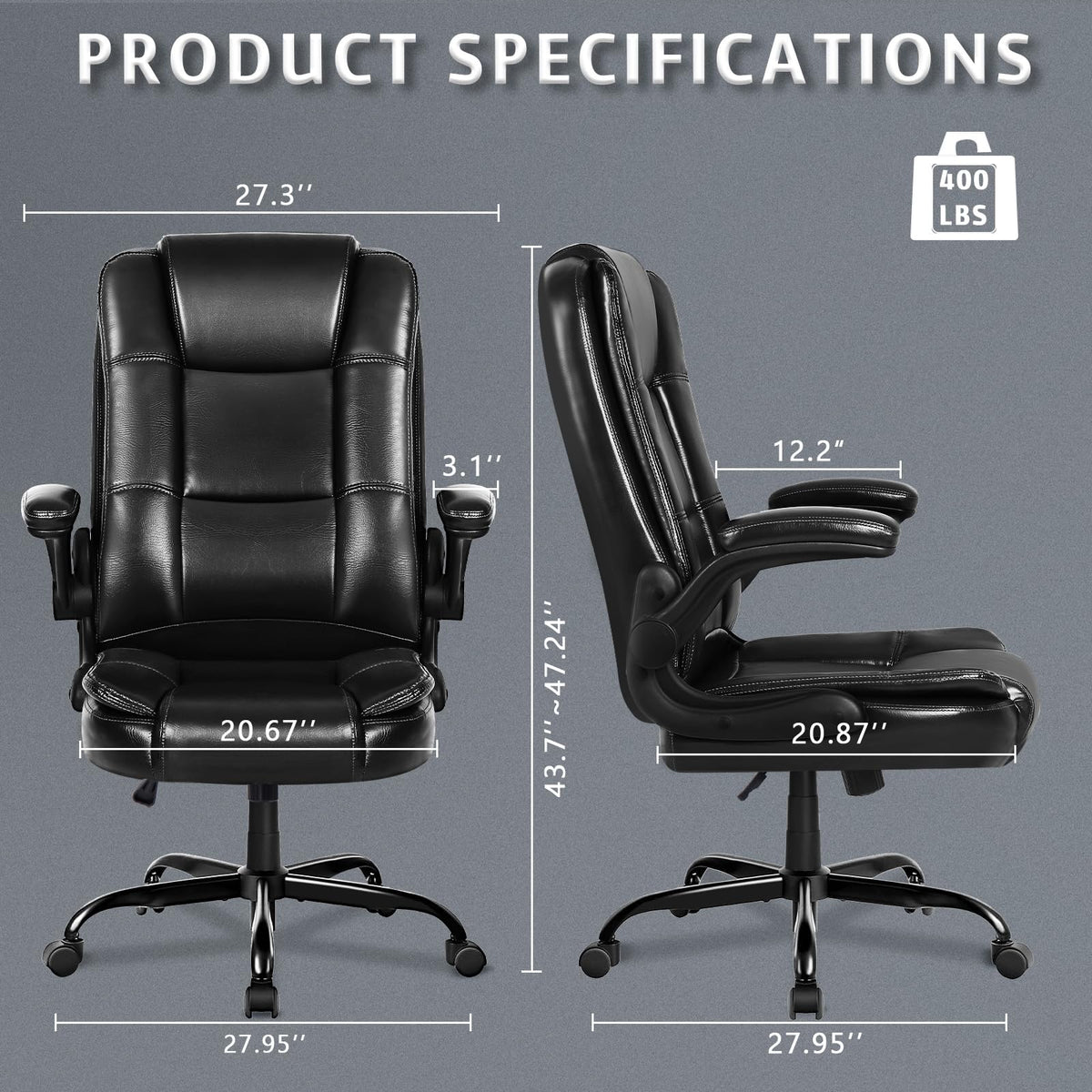 Lemberi Flip-up Arms Office Desk Chair Big and Tall Managerial Executive Chair, High Back Computer Chair Ergonomic Adjustable Height Pu Leather