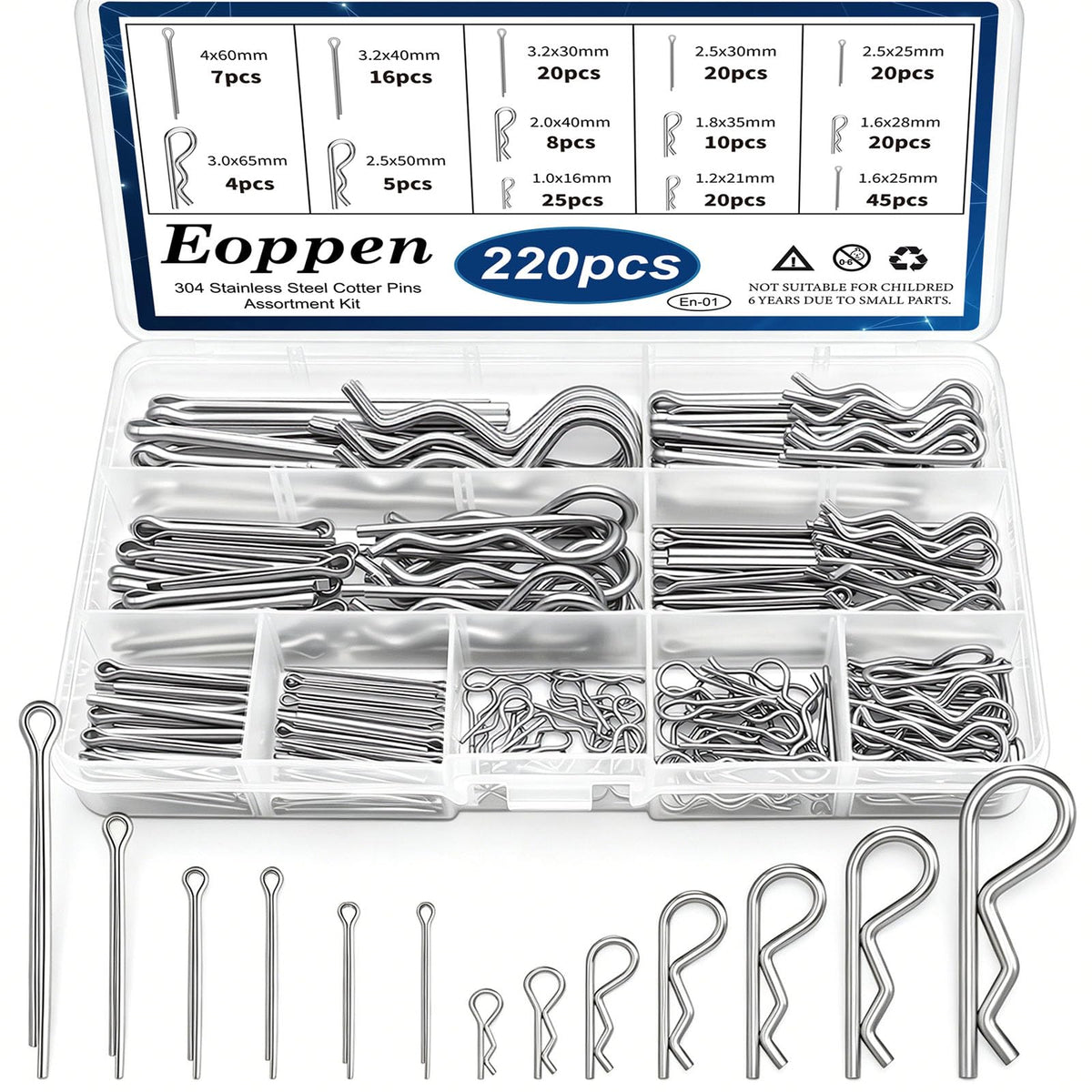 220Pcs Cotter Pin Assortment Kit - 304 Stainless Steel 13 Sizes Cotter Pins & R Clips Cotter Pin Set for Hitch Pin Lock Systems