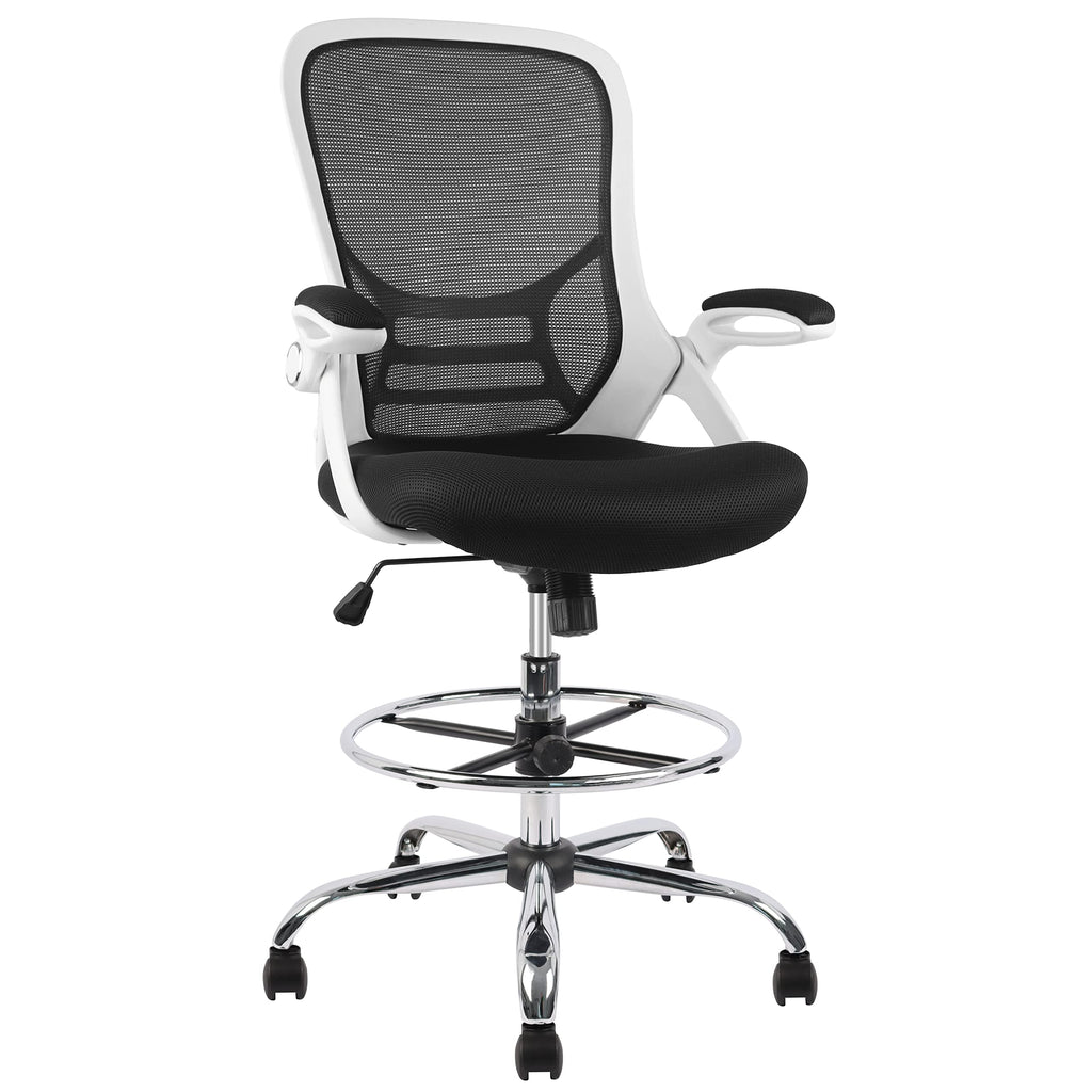 Hylone Drafting Chair, Tall Office Chair Mesh Standing Desk Stool with Adjustable Foot Ring, Flip-up Arms, White & Black