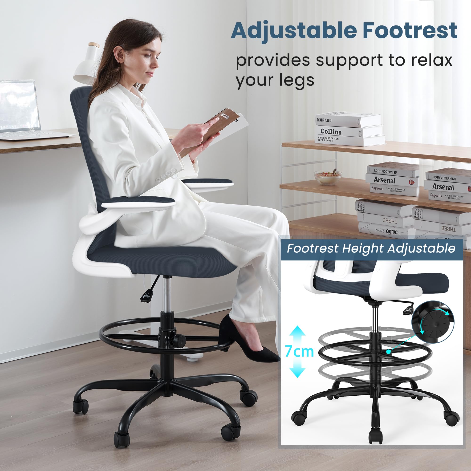 Drafting Chair, Tall Office Chair with Flip-up Armrests Executive Ergonomic Computer Standing Desk Chair, Office Drafting Chair with Lumbar