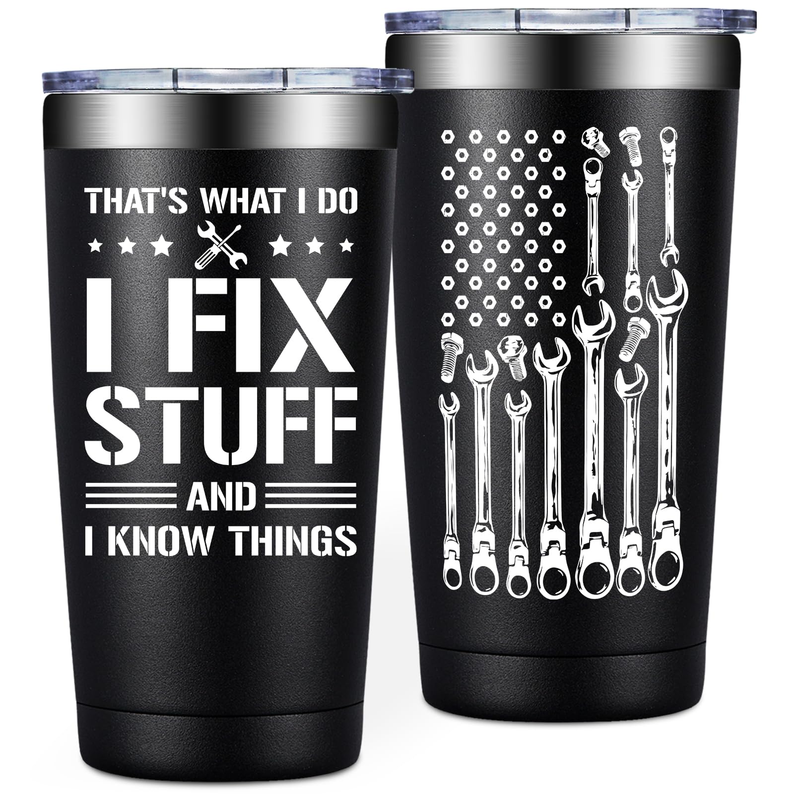 Fufendio Fathers Day Gift for Husband, Dad, Grandpa, Mechanic Father - Gifts for Men, Dad Birthday Gifts - 20oz I Fix Stuff and I Know Things Tumbler Cup