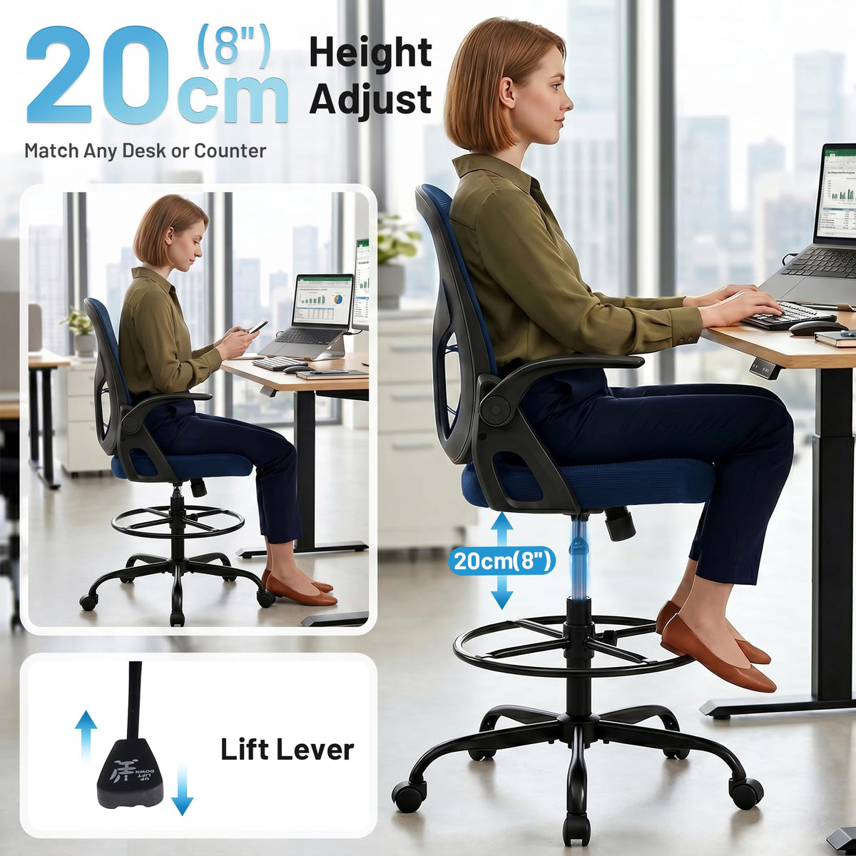 Hayelf Drafting Chair for Standing Desk, Tall Office Chair with 22"-30" Seat Height &7" Lift Footrest Ring, Ergonomic Executive Mesh Computer