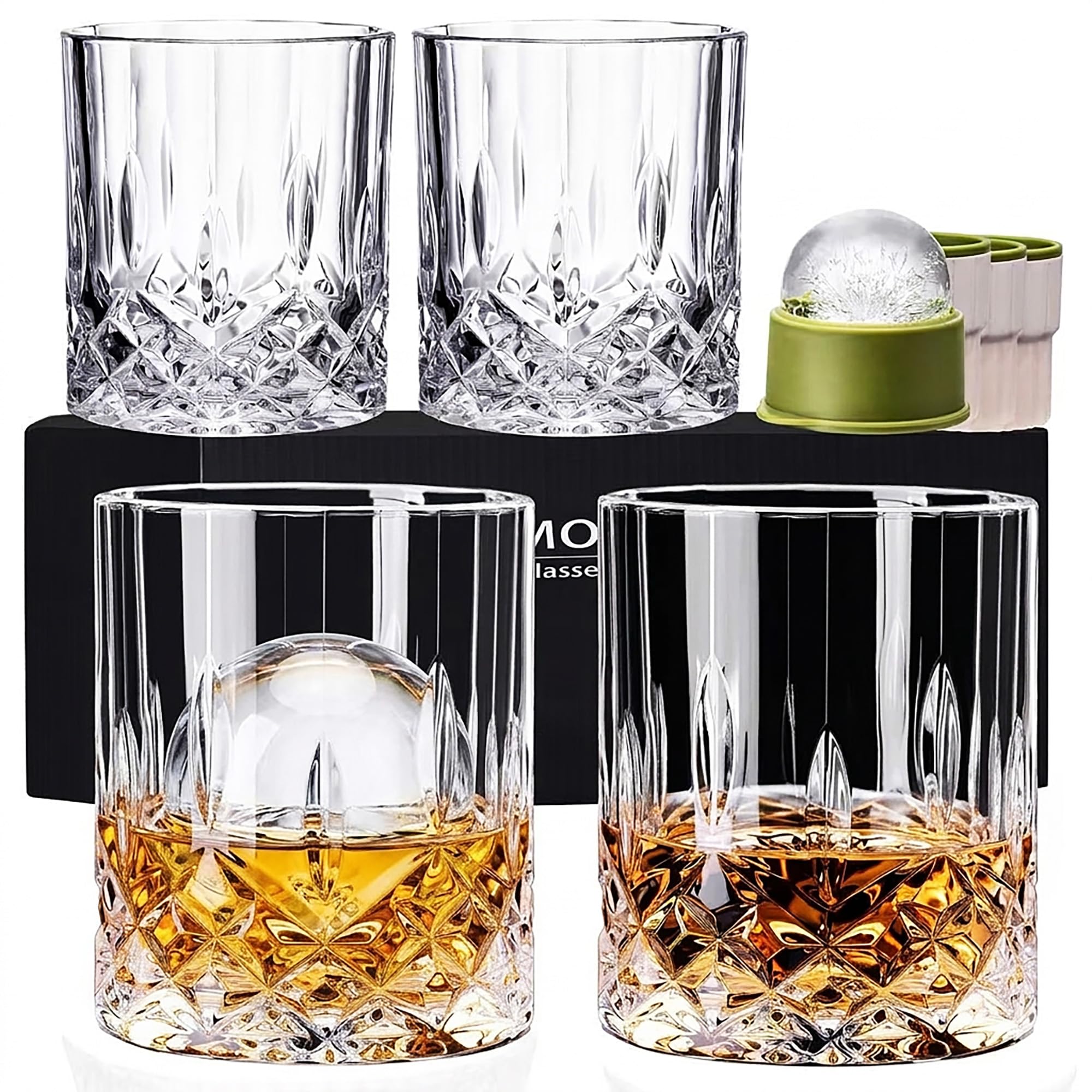 Whiskey Glasses Set of 4, 10oz Old Fashioned Bourbon Glasses with 4 Ice Ball Molds, Lead-free Rocks Glassware for Scotch, Liquor & Cocktails, Gift for Men