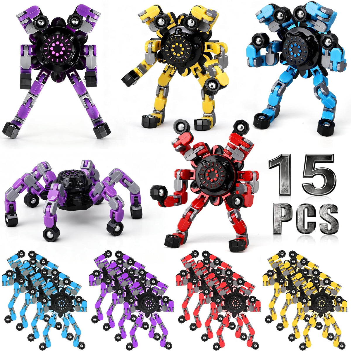 15PCS Easter Gift Robot Fidget Spinner Transformable Chain Toy for Kids Adults, Stretchy Robot Deformable Sensory Toy, Hand Spinning Desk Toy Gadget, Birthday Gift Classroom Prizes Party Favor Supply
