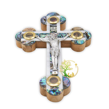 Decorative Mother of Pearl wall cross handmade in the Holy Land - olive wood Catholic wooden cross - Holds Soil, Flowers, Incense & stones. Made by Christian craftsmen A perfect home decor - Medium