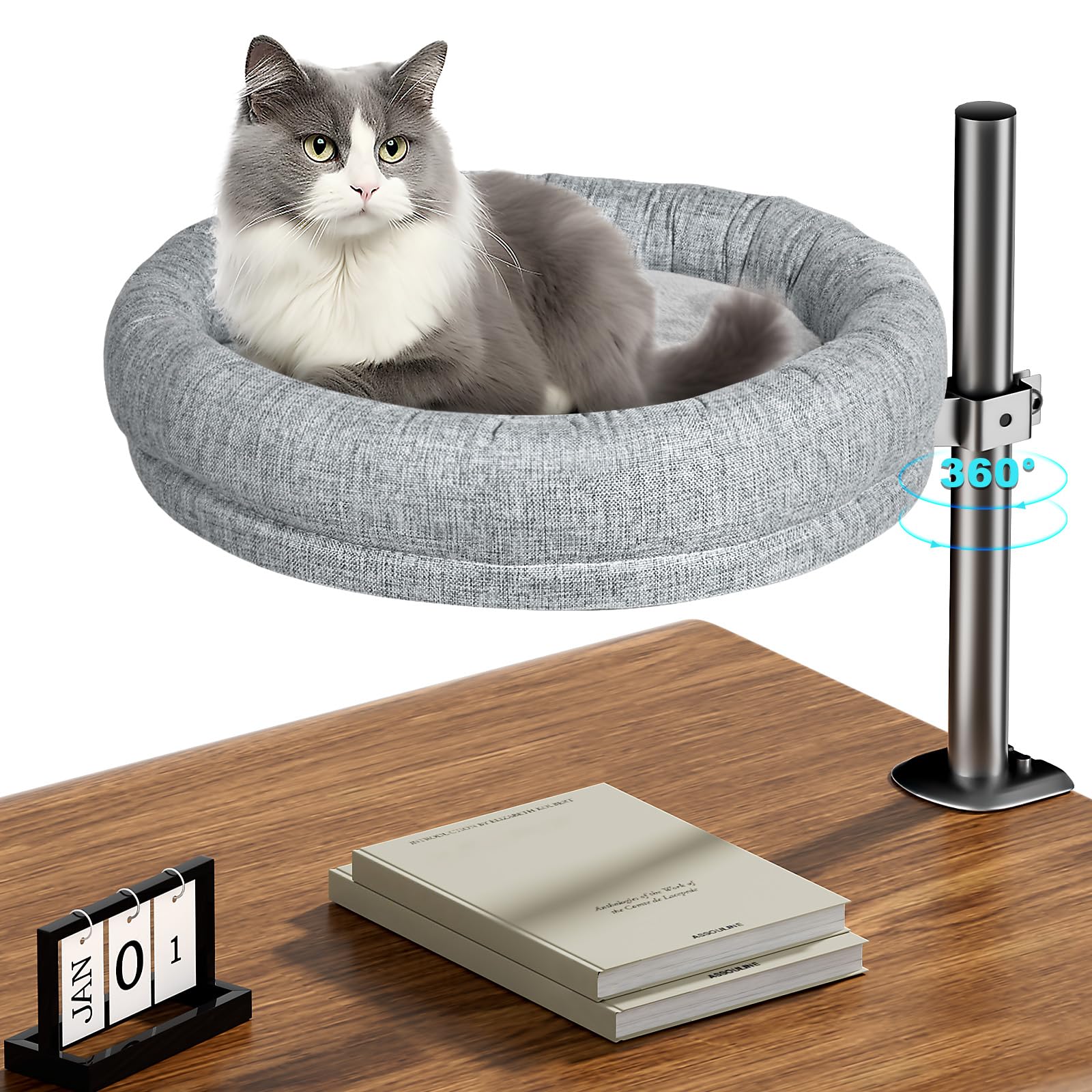Cuipingoo Cat Desk Bed - 360° Rotating & Adjustable, Supports 40 lbs, Soft Faux Fur with Dual-Sided Reversible Mat, Modern Indoor Cat Nest Furniture for Office Desks and Game Tables, Island Table