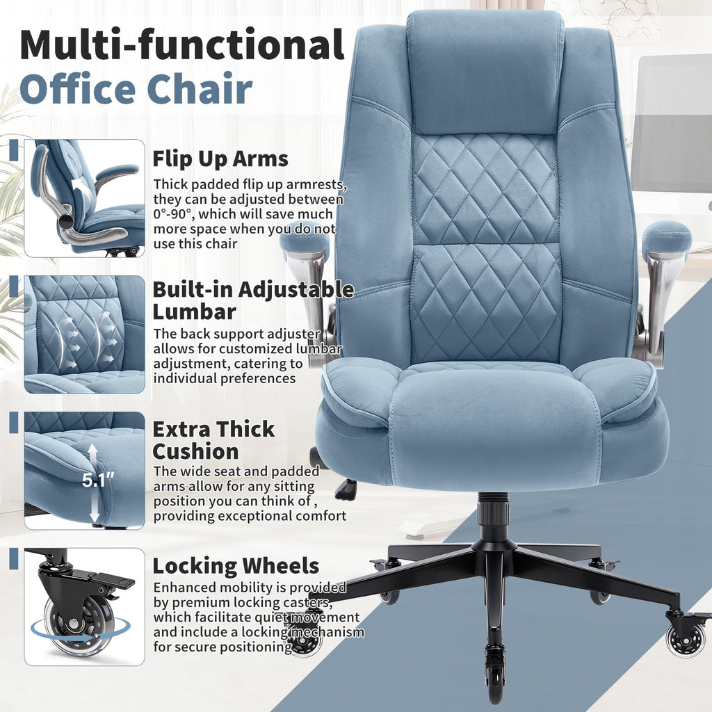 Fabric High Back Office Chair, Thick Padded Ergonomic Computer Desk Chair, Large, Blue