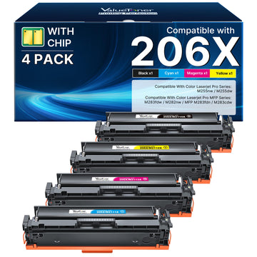 206X Toner Cartridges 4 Pack High Yield: MFP M283fdw Compatible for HP 206X 206A, Works with HP Color LaserJet Pro MFP M283fdw M283cdw M283fdn M282nw M255dw Printer (Black, Cyan, Magenta, Yellow)