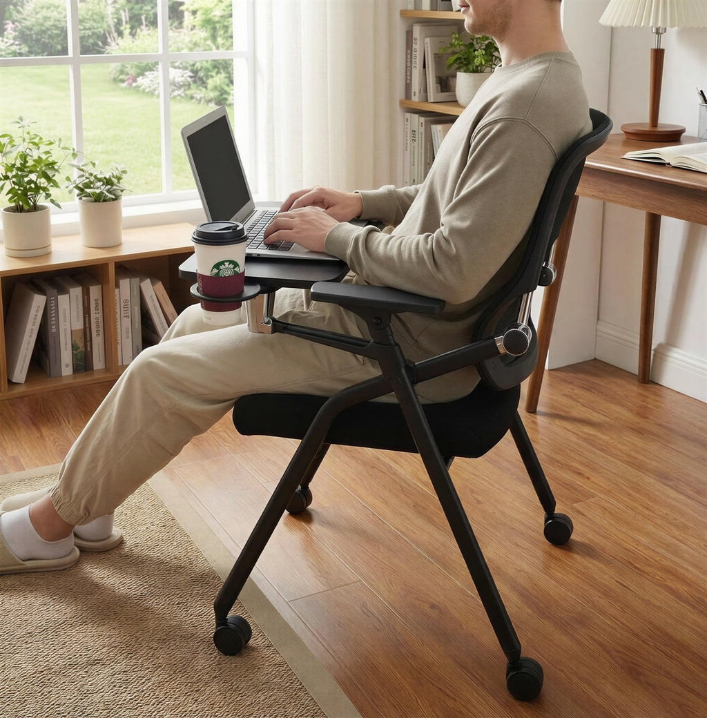 Blaneduo Updated Conference Room Chairs with Tablet Arm, Folding Office Desk Chair with Lumbar Support and Sliding Armrest with Casters,
