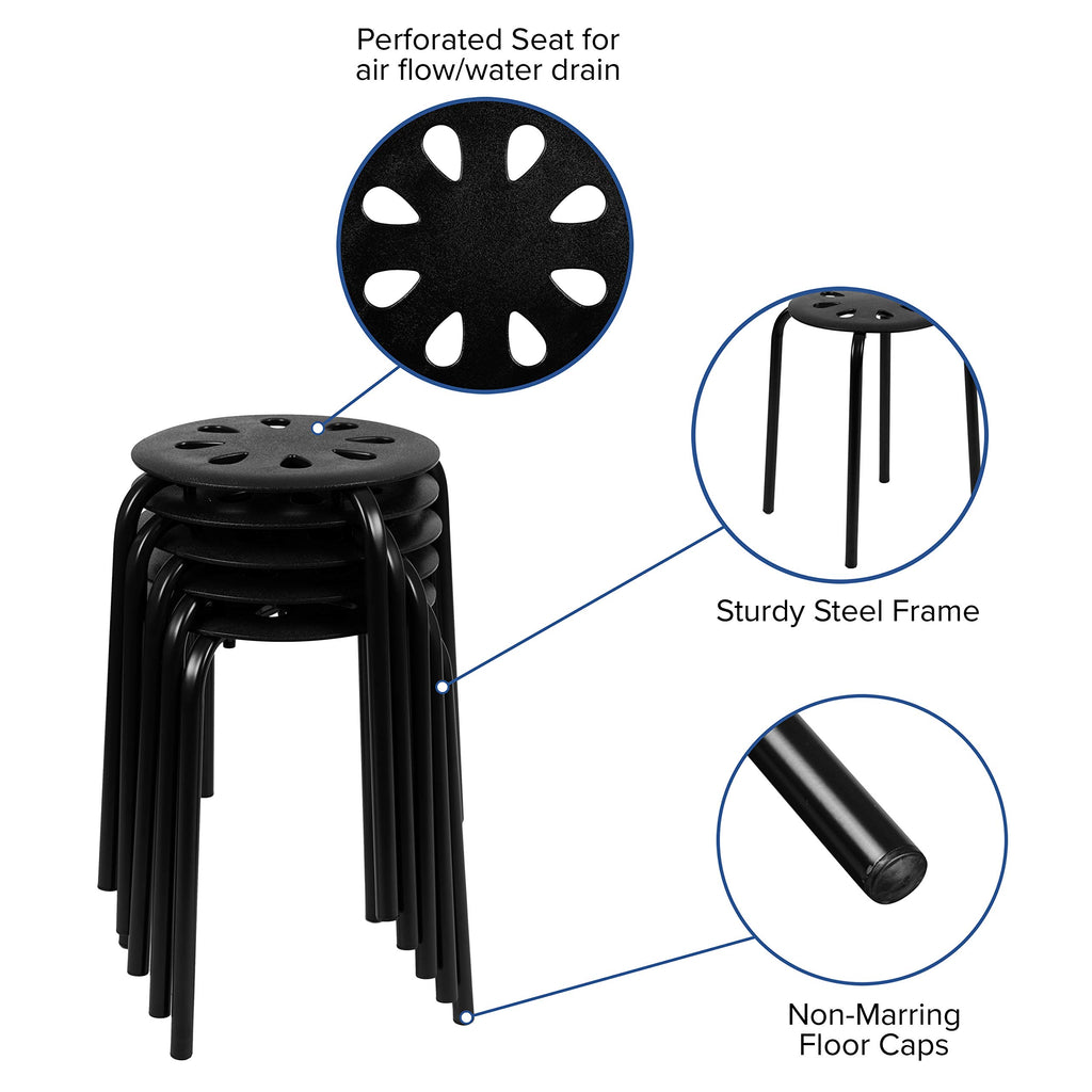Emma + Oliver Black Plastic Nesting Stack Stools, 5-pack, 16.5"W x 16.5"D x 17.5"H