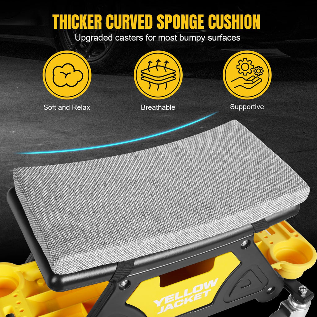 Yellow Jacket Rolling Mechanic Seat with Drawer & Trays, 300lb, Garage Shop, Mechanic Rolling Stool