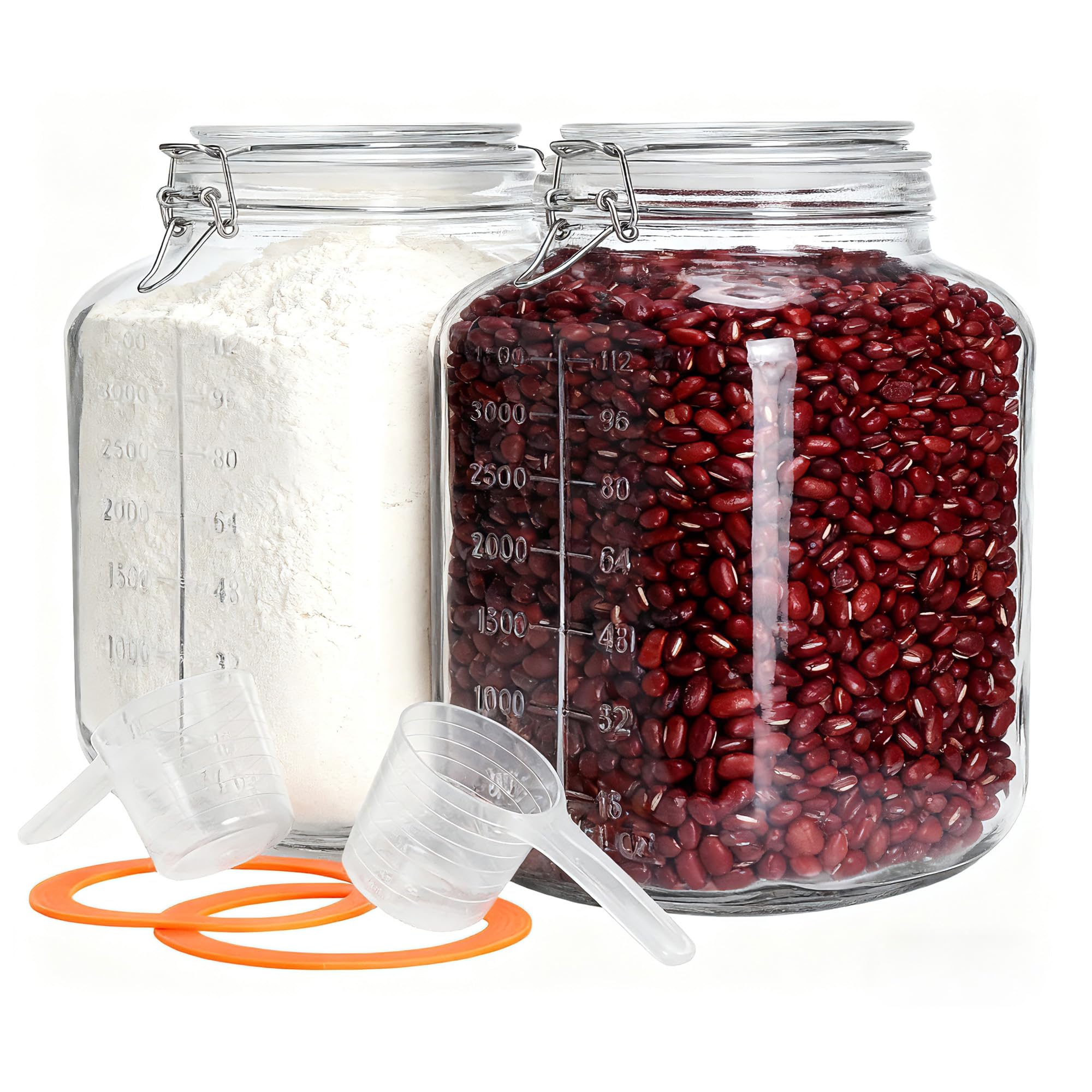 2 Pack 1.1 Gallon Square Super Wide Mouth, Airtight Glass Storage Jars, with Measurement Marks, Leak-Proof Lids for Kitchen Pantry, Canning, Dry Food (Flour, Sugar) & Drinks