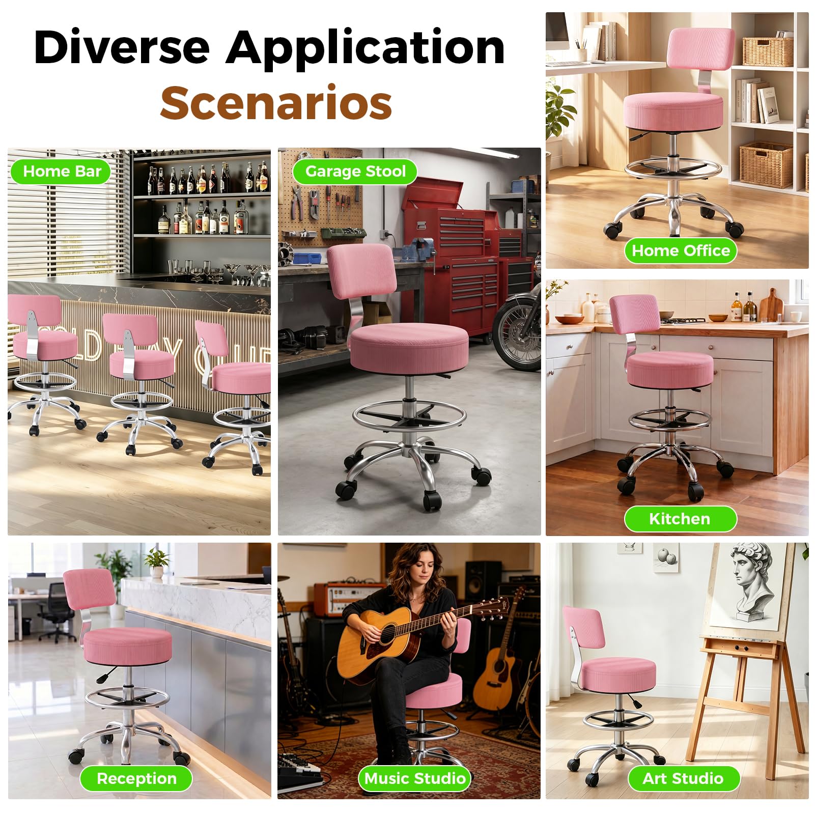 Freekyrock Office Drafting Chair with Footrest, Tall Height Adjustable Stool with Back Support, Heavy Duty Rolling Stool Chair with Wheels for