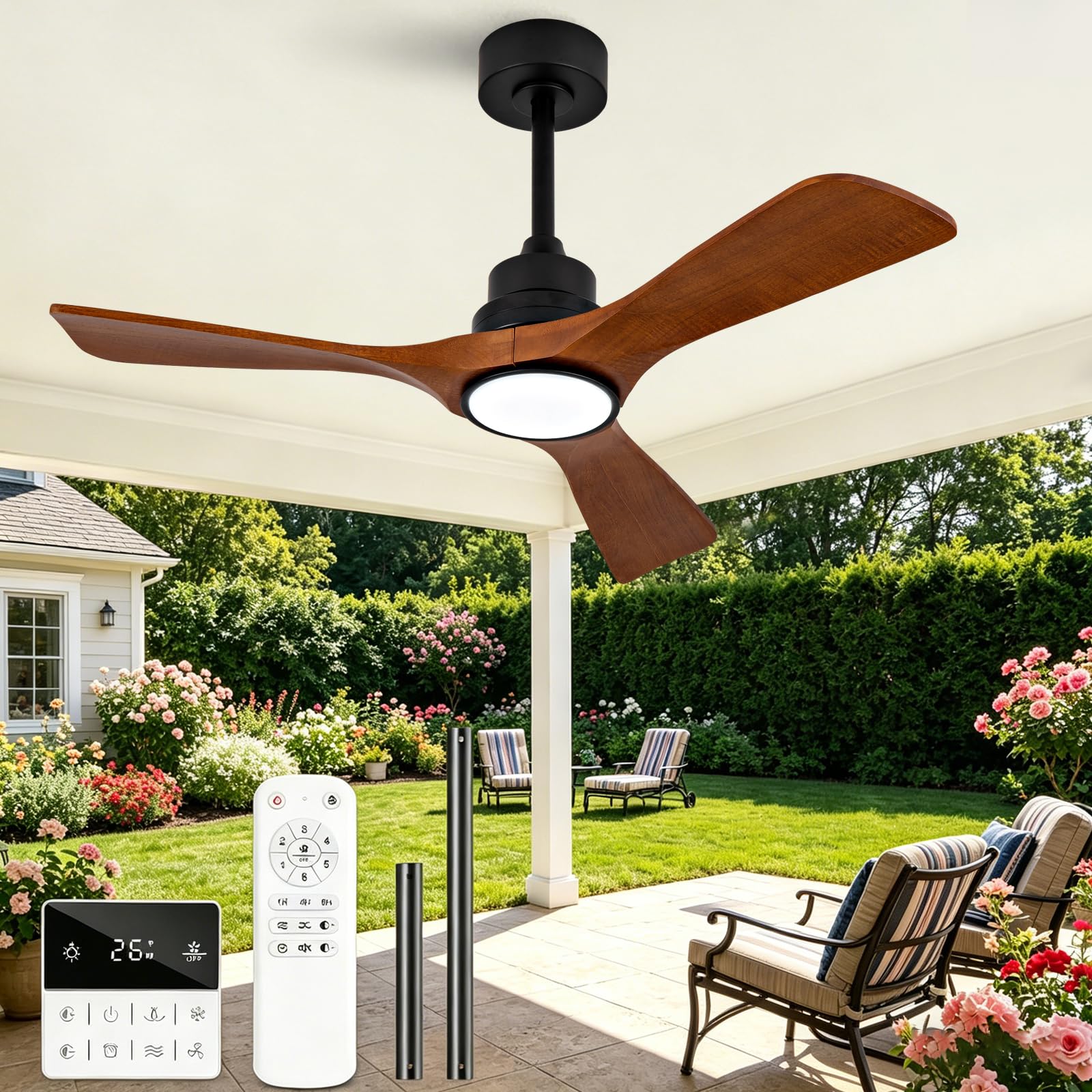 42 Inch Ceiling Fans with Lights and Remote, Wood Ceiling Fan with Light, Wall Switch, Dimmable, Reversible DC Motor, Memory Function, Modern Indoor Outdoor Black Ceiling Fans for Patios Bedroom