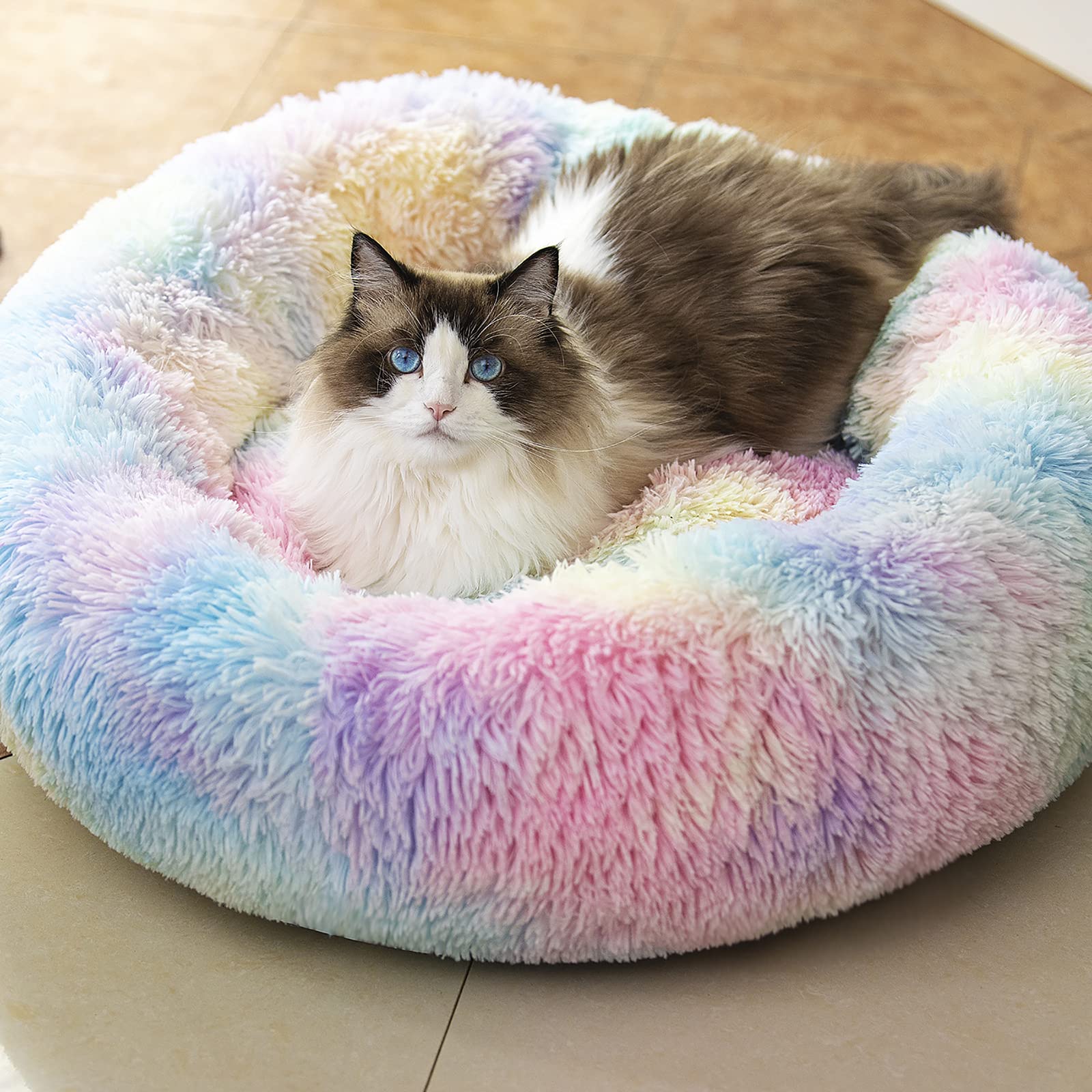 Anti Anxiety Round Fluffy Plush Faux Fur Warm Washable Dog Bed & Cat Bed, Original Bed for Small Medium Large Pets,Used to Relieve Joints and Improve Sleep?20"/24"/27''? (20", Rainbow)