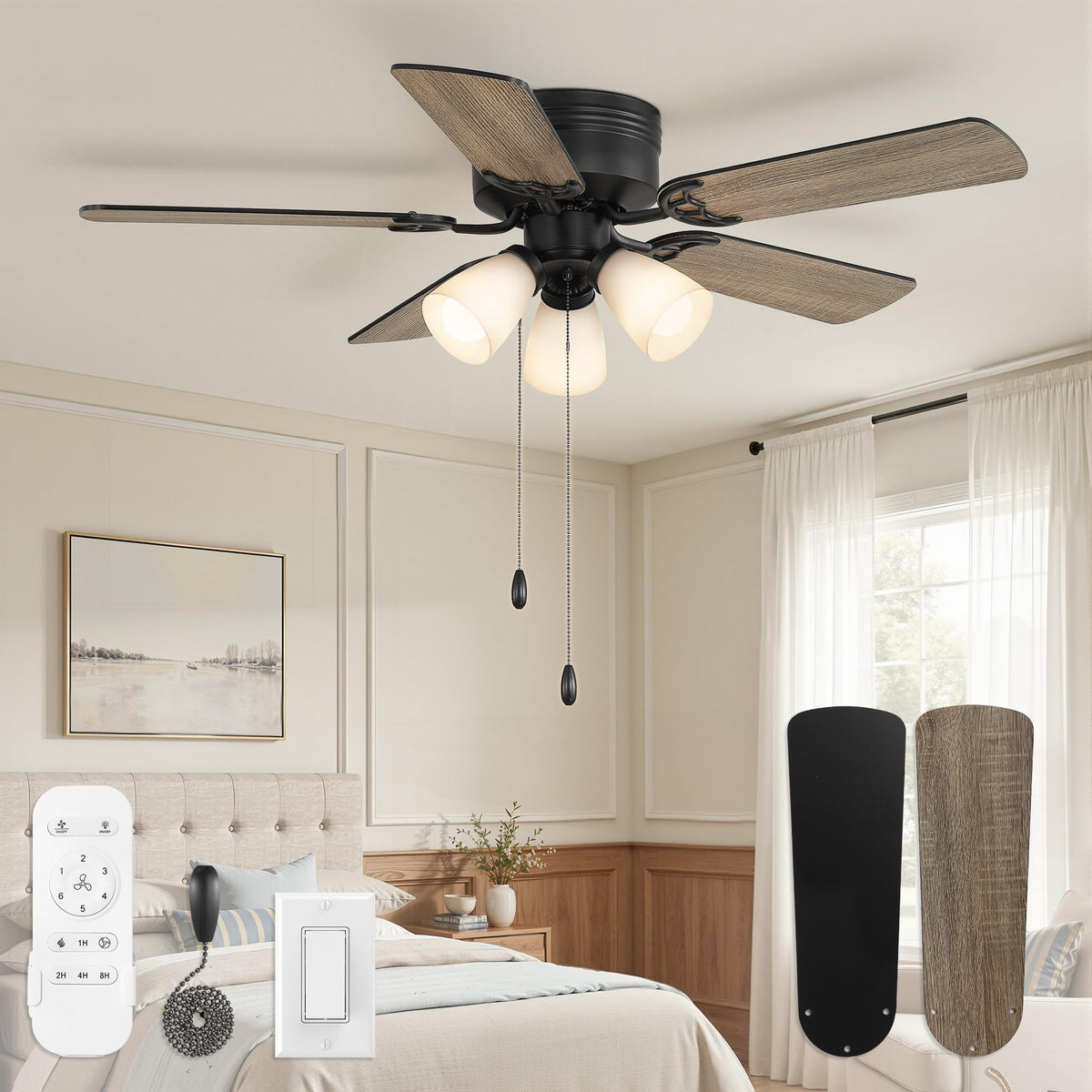 44 Inch Farmhouse Ceiling Fans with Light, 6 Speeds DC Motor, Shatterproof Shade, Flush Mount Ceiling Fan with Remote & Pull Chain Control, Low Profile for Bedroom, Living Room, Kitchen?Black