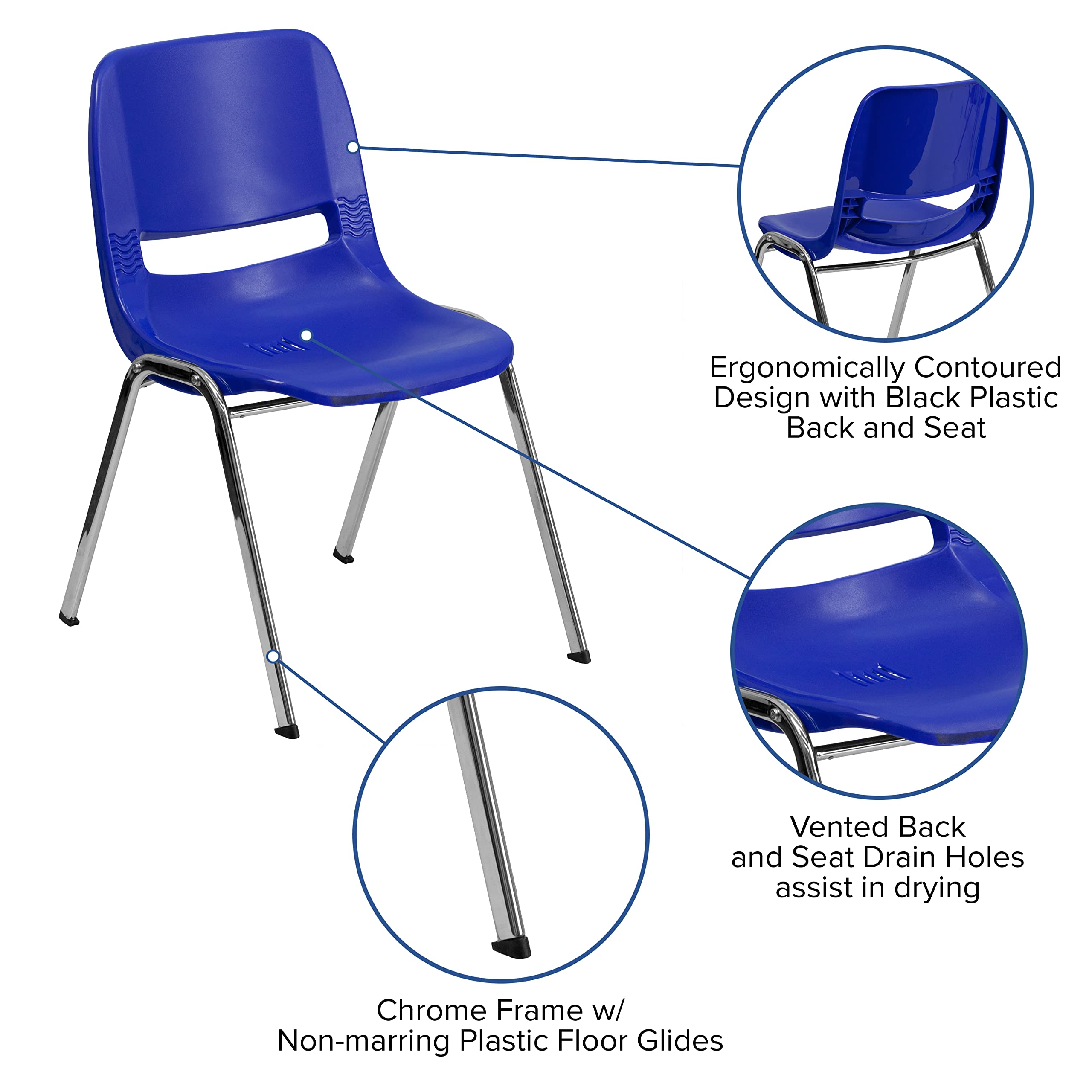 Flash Furniture 5 Pack Hercules Series 661 Lb. Capacity Navy Ergonomic Shell Stack Chair with Chrome Frame and 16'' Seat Height, Navy