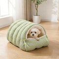 Small Cat Dog Cave Bed Calming Pet Nest Warm Plush Covered Cat House with Hooded Blanket Removable Hooded Blanket Cushion Washable Soft Calming Indoor Cat Bed(Green, Small)