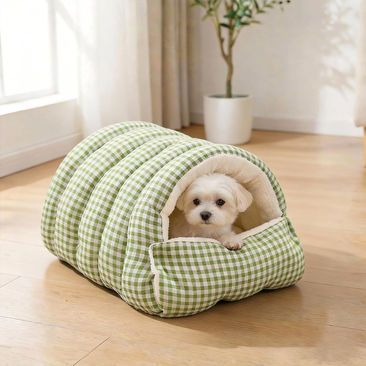 Small Cat Dog Cave Bed Calming Pet Nest Warm Plush Covered Cat House with Hooded Blanket Removable Hooded Blanket Cushion Washable Soft Calming Indoor Cat Bed(Green, Small)