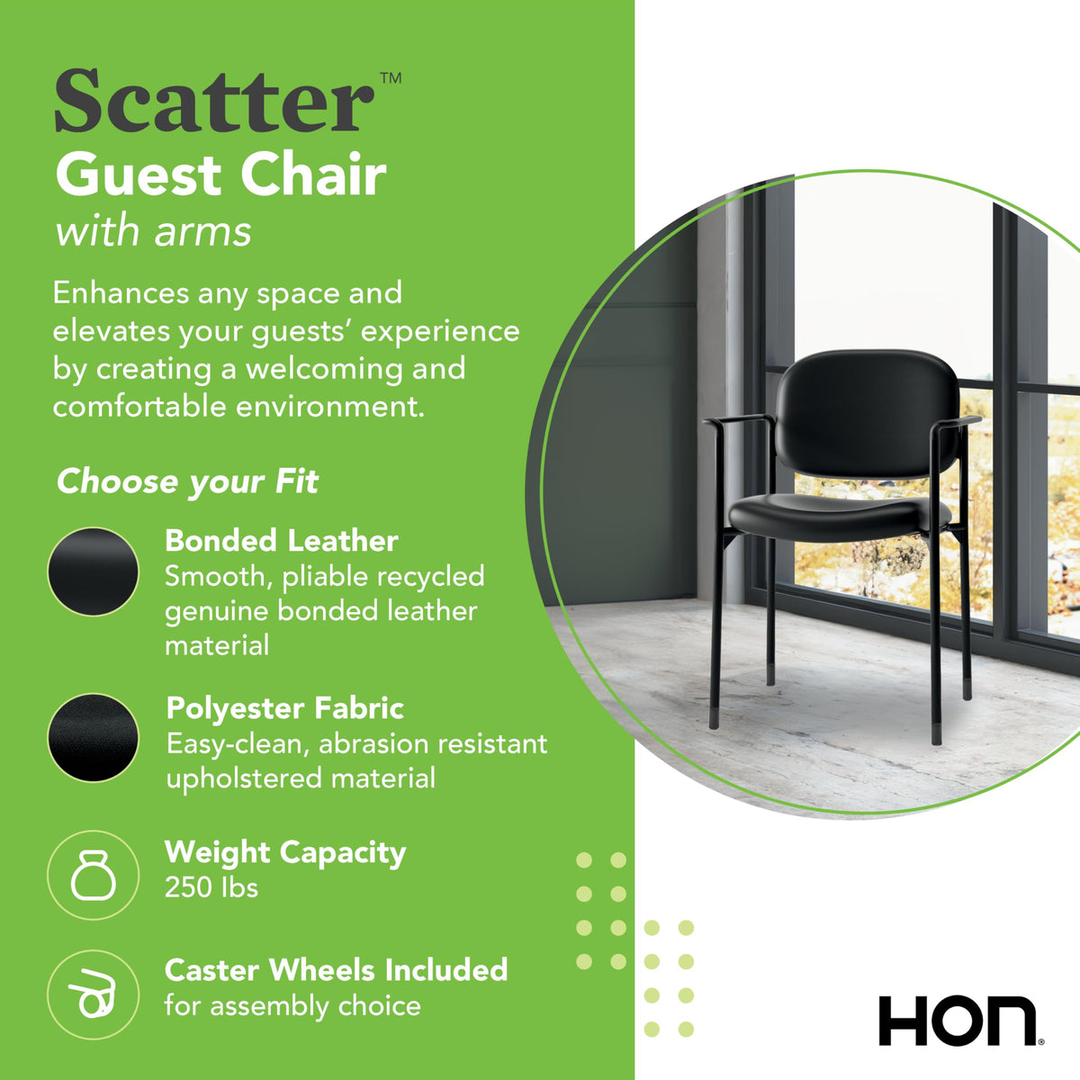 Hon Scatter Guest Chair with Arms, Fabric Office Chairs, Black, Black - Fabric Back - with Arms
