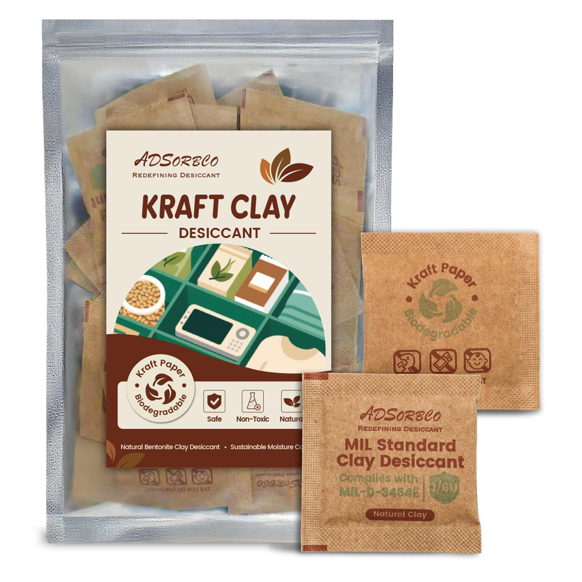 ADSorbco 6g x 50 Pack Bentonite Clay Desiccant Packs– Food Grade Moisture Absorbers for Pet Food, Tea, Dry Grains, Spices, Storage Bins – Silica Gel Packets Alternative, Desiccant Packs for Storage