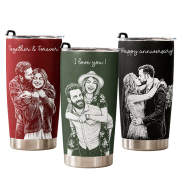 Custom Couple Photo Sketch Line Art Anniversary For Him, Her - Personalized Tumbler Cup Romantic Stainless Steel Travel Mug Insulated Drinkware Boyfriend Girlfriend Husband Wife Birthday Present