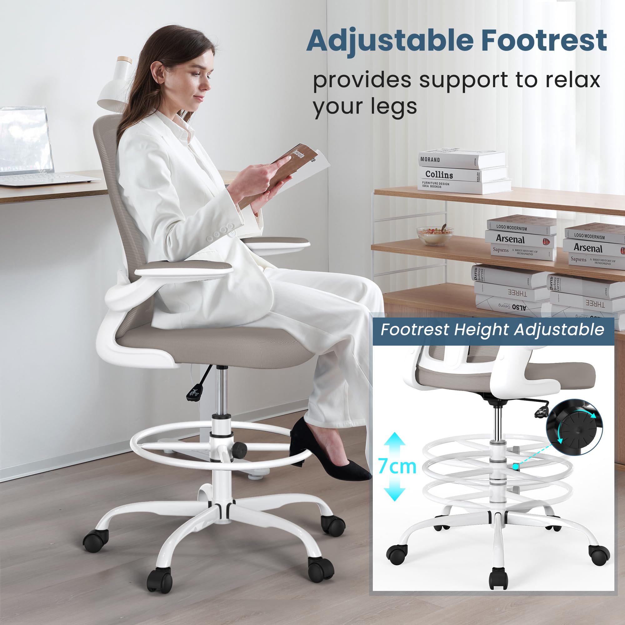 Drafting Chair, Tall Office Chair with Flip-up Armrests Executive Ergonomic Computer Standing Desk Chair, Office Drafting Chair with Lumbar