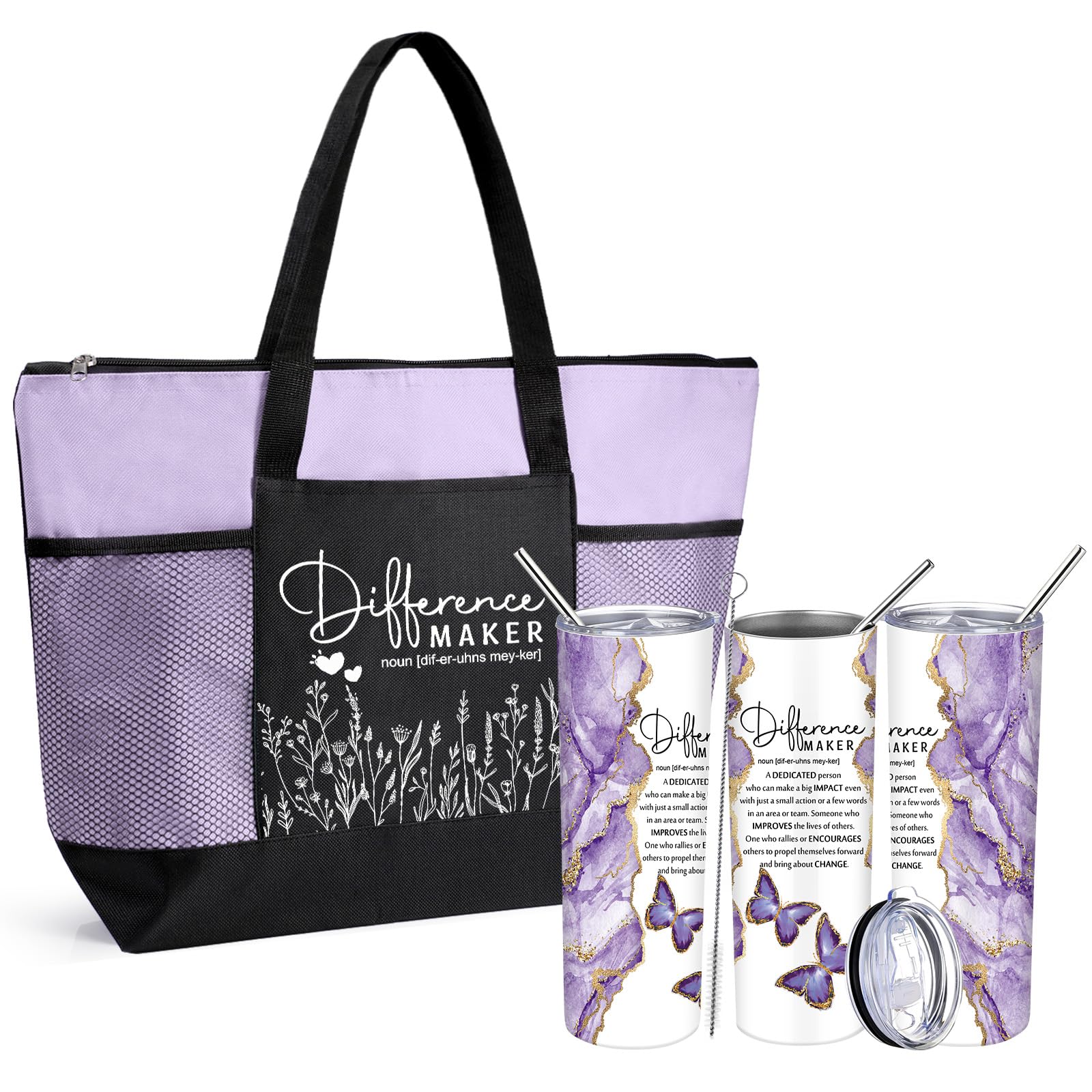 Buryeah 2 Pcs CNA Week Gifts Difference Maker Gifts for Women, Thank You Tote Bag & Tumbler for Employee Coworker Nurse(Light Purple)