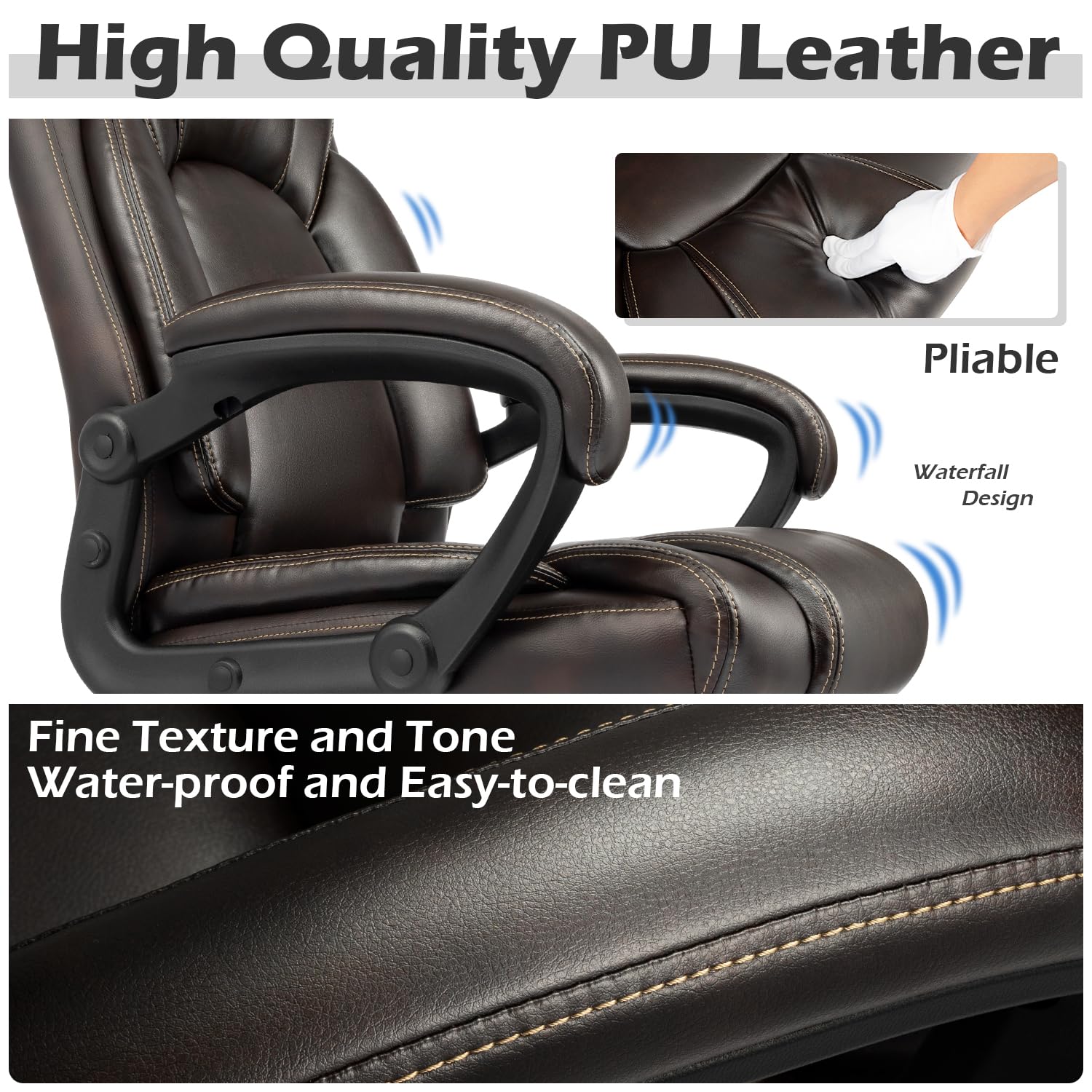 Executive Office Chair with Spring Cushion,hydrolysis-resistant Leather, Fixed Arm Medium, Brown