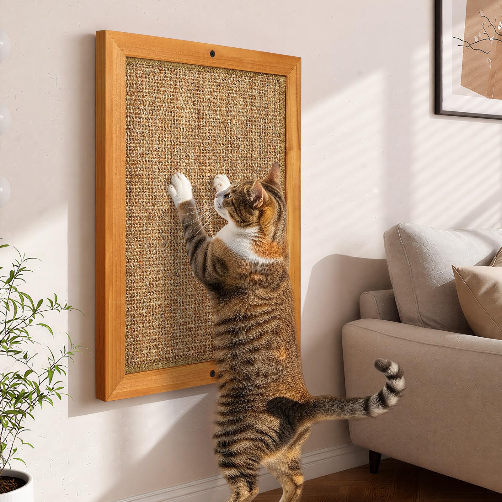 Extra Large Wall Mounted Cat Scratching Post, Wooden Sisal Panel Scratcher, Natural Wood Frame with Durable Sisal Rope Surface for Cats, Protects Furniture from Scratching