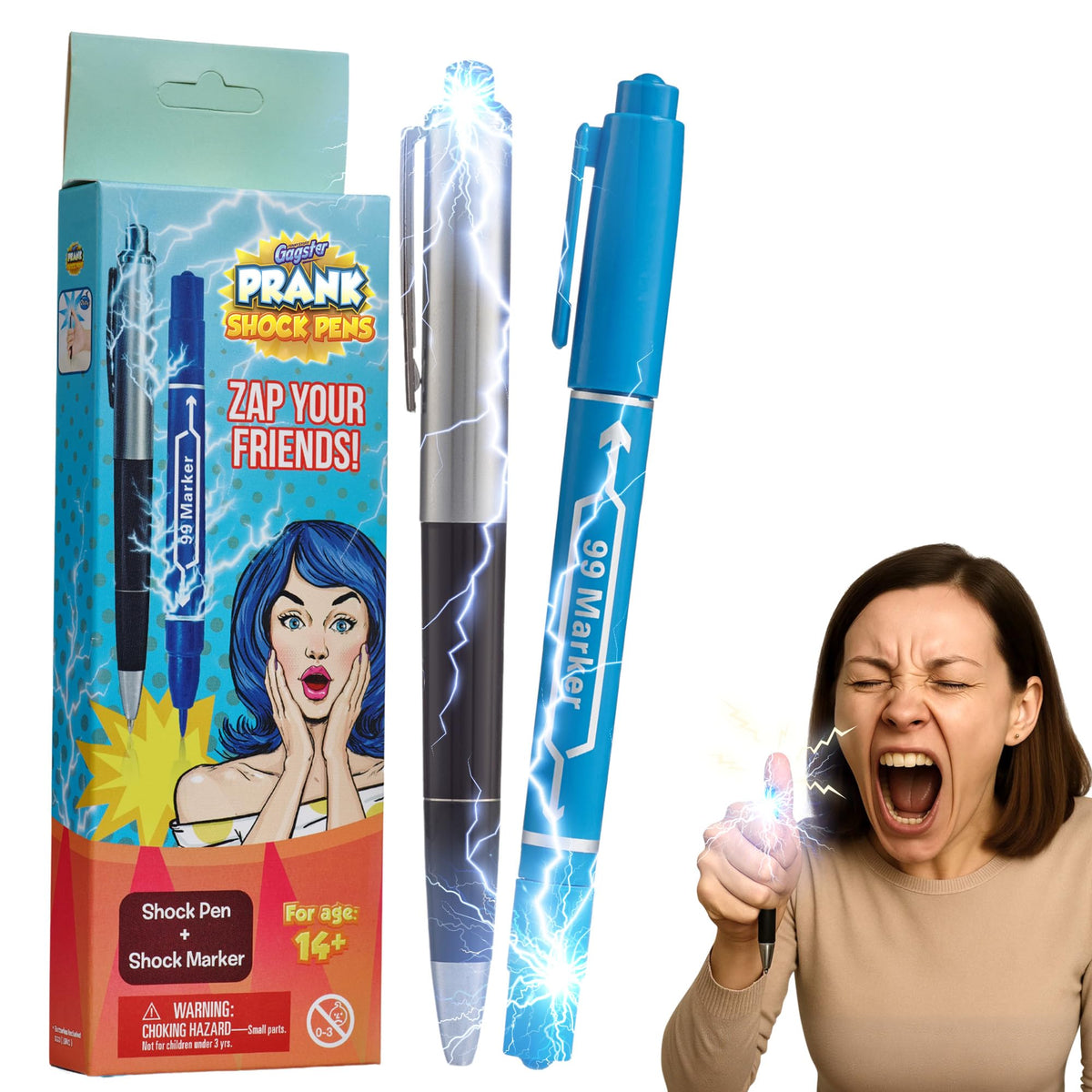 Gagster Electric Shock Pen and Marker Prank Set - Hilarious Gag Gifts for Adults - Fun Office Prank Gadgets - Shocking Stun Pen and Marker - Electric Shock April Fools' Joke Toys - Black/Blue (2-Pack)