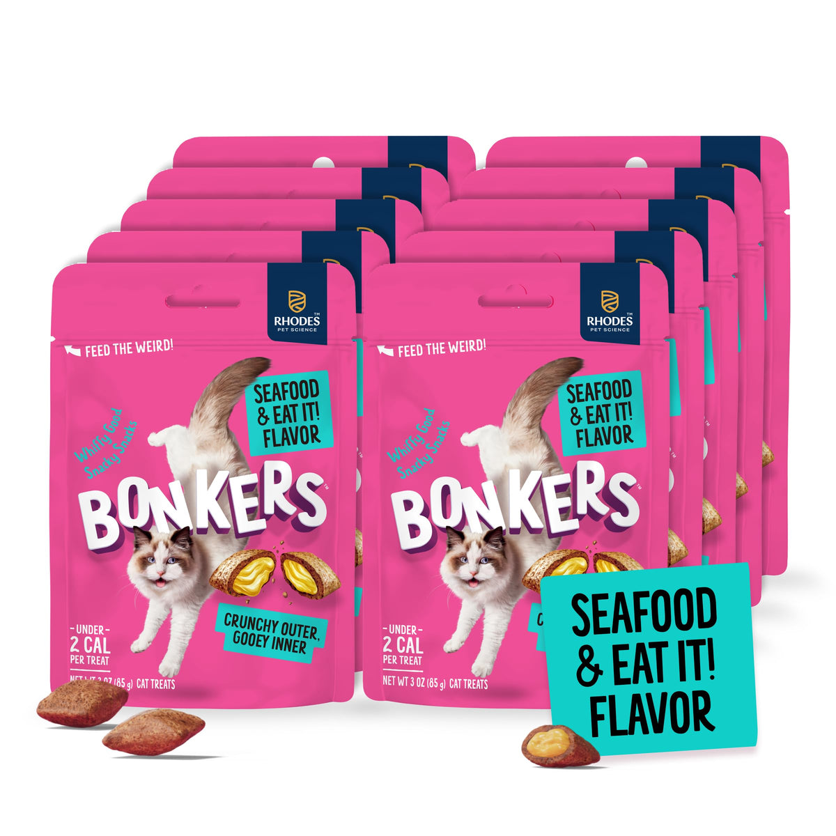 Bonkers Bites Seafood & Eat It Flavor Crunchy & Soft Treats for Cats, 3oz Bag (Pack of 10)