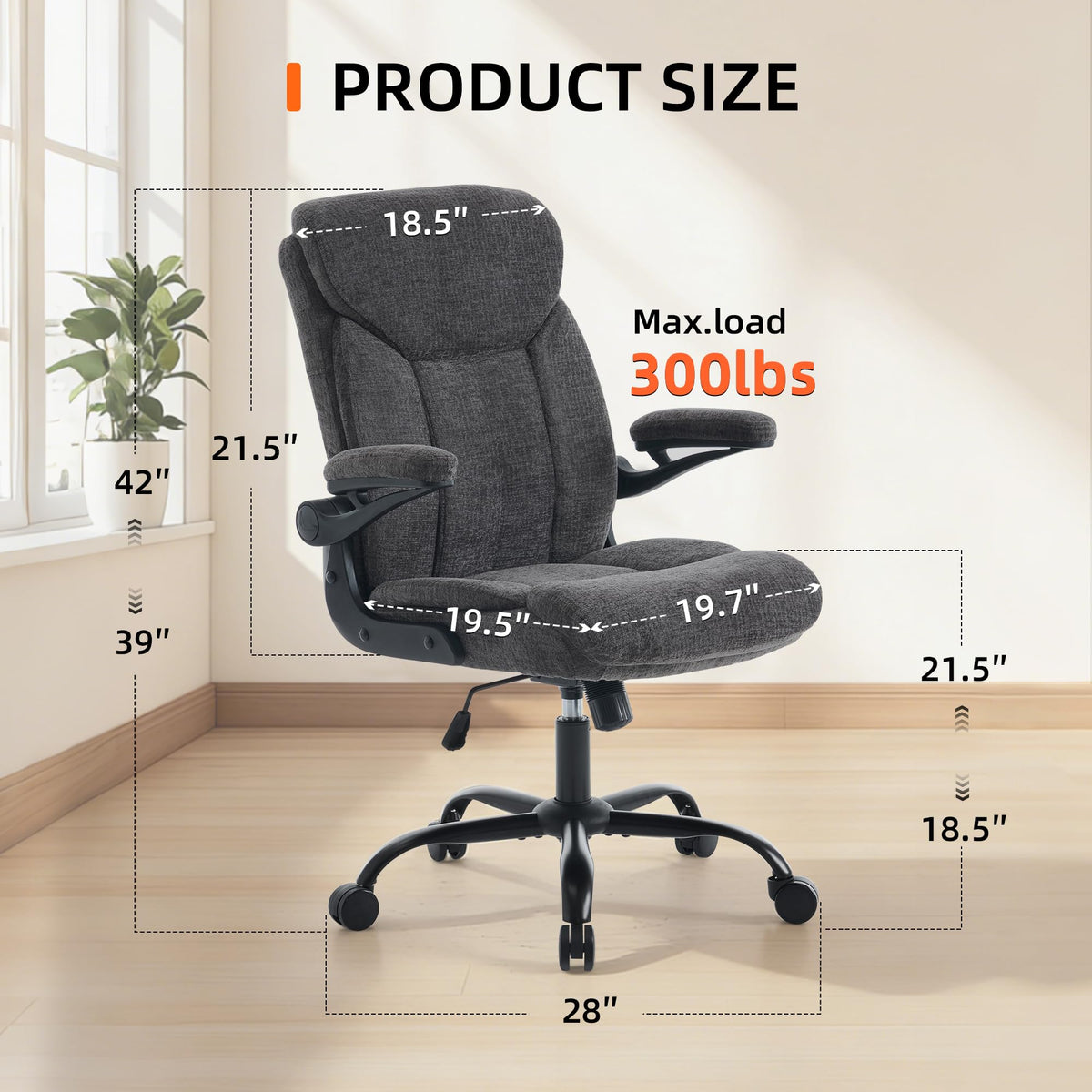 Fmolat Ergonomic Home Office Chair Fabric Comfy Computer Chair, Grey, 19.7"W x 19.5"D x 39"-42"H