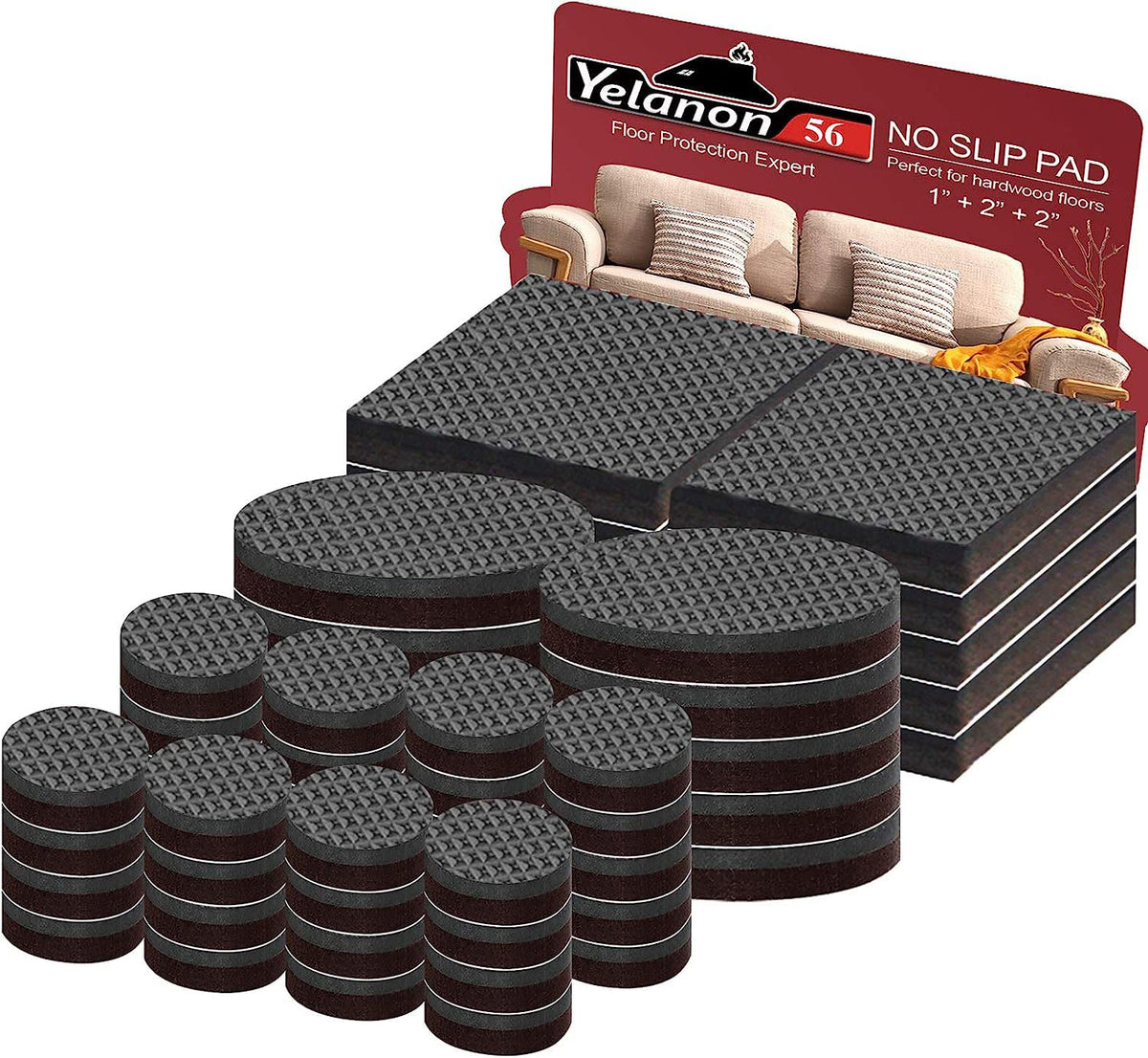Yelanon Non Slip Furniture Pads -56 pcs?1+2?” Furniture Grippers, Non Skid Furniture Legs,Self Adhesive Rubber Furniture Feet, Anti Slide Furniture Hardwood Floor Protector for Keep Couch Stoppers