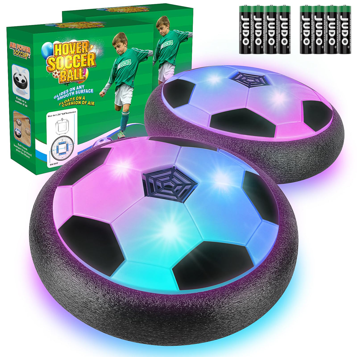 Ocditikl 2 Pack Hover Soccer Ball with 8 Pcs Batteries, Air Floating Soccer Toy with LED Lights & Foam Bumper, Indoor Games for Kids 4-8-12, Birthday Toys for 3 4 5 6 7 8 9 Year Old Boys Girls