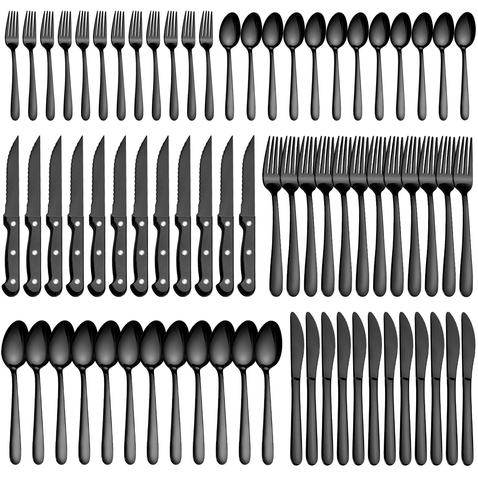 Pleafind 72Pcs Black Silverware Sets for 12 - Dishwasher Safe, Flatware Set with Steak Knives, Stainless Steel Cutlery Set, Include Forks Spoons and Knives Set, Utensil Sets for Home Restaurant