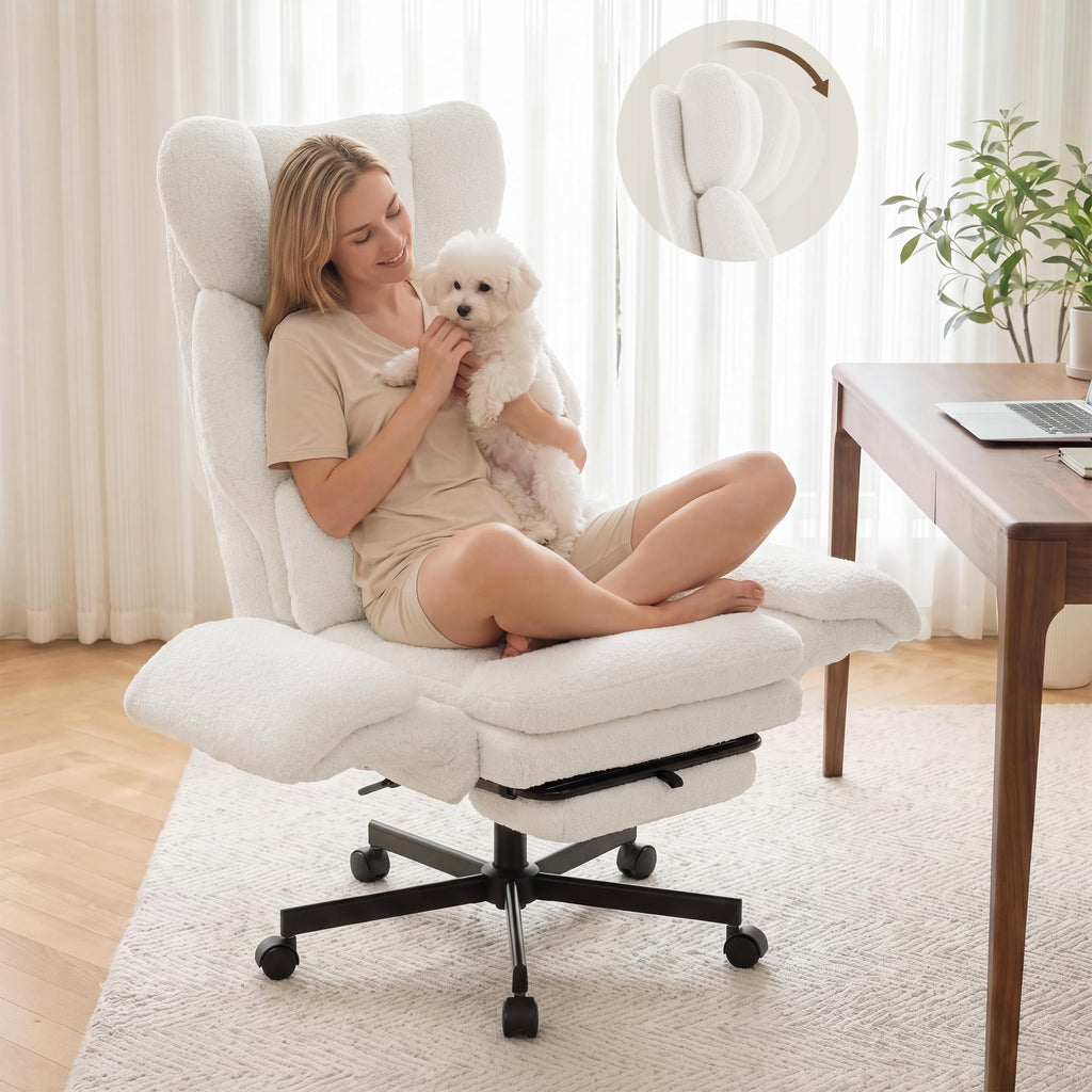 Criss Cross Chair with Footrest, Big and Tall Office Chair with Flip Arms, Teddy White