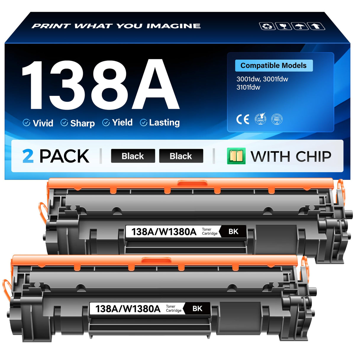 138A Black Toner Cartridge 2-Pack with chip Compatible Replacement for HP 138A 138X W1380A W1380X Toner Works with HP LaserJet Pro MFP 3101fdw 3001dw All-in-One Laser Printer 3101fdwe 3001dwe 3001fdw