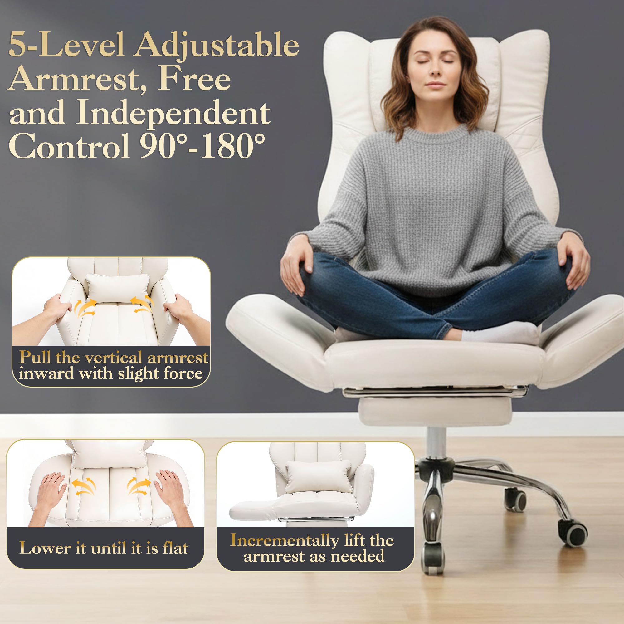 Forveolux High Back Criss Cross Office Chair with Foot Rest & Flip Armrests, Beige
