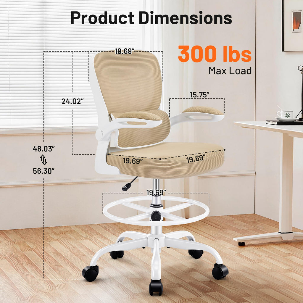 Areshark Drafting Chair - Ergonomic Tall Office Chair with Lumbar Support and Flip-up Armrests - High Standing Desk Chair Breathable Mesh with