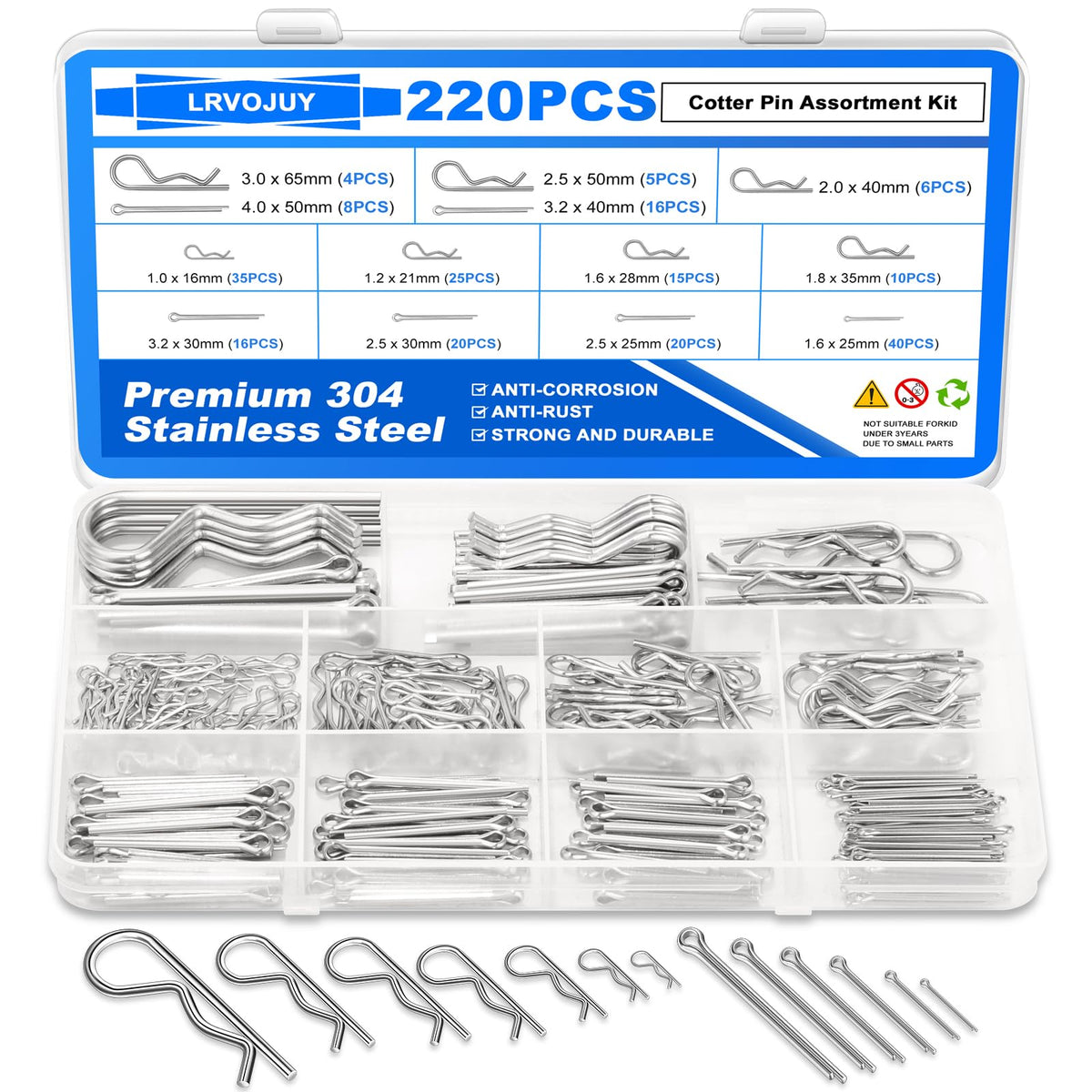 Cotter Pin Assortment Kit, 220PCS Cotter Pins 13 Sizes Premium 304 Stainless Steel Heavy Duty R Clips & Hairpin Split Pin Set, Hardware Pins for Automotive, Trailer, Pin Lock System